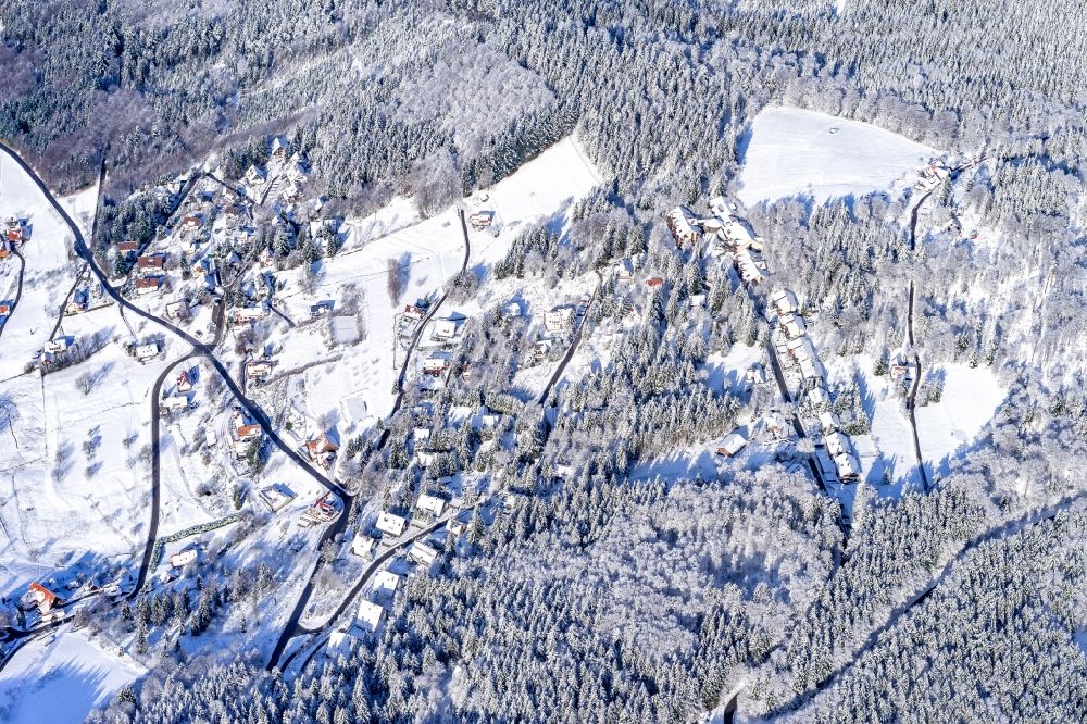 Aerial photograph Sasbachwalden - Wintry snowy the district in Sasbachwalden in the state Baden-Wurttemberg, Germany