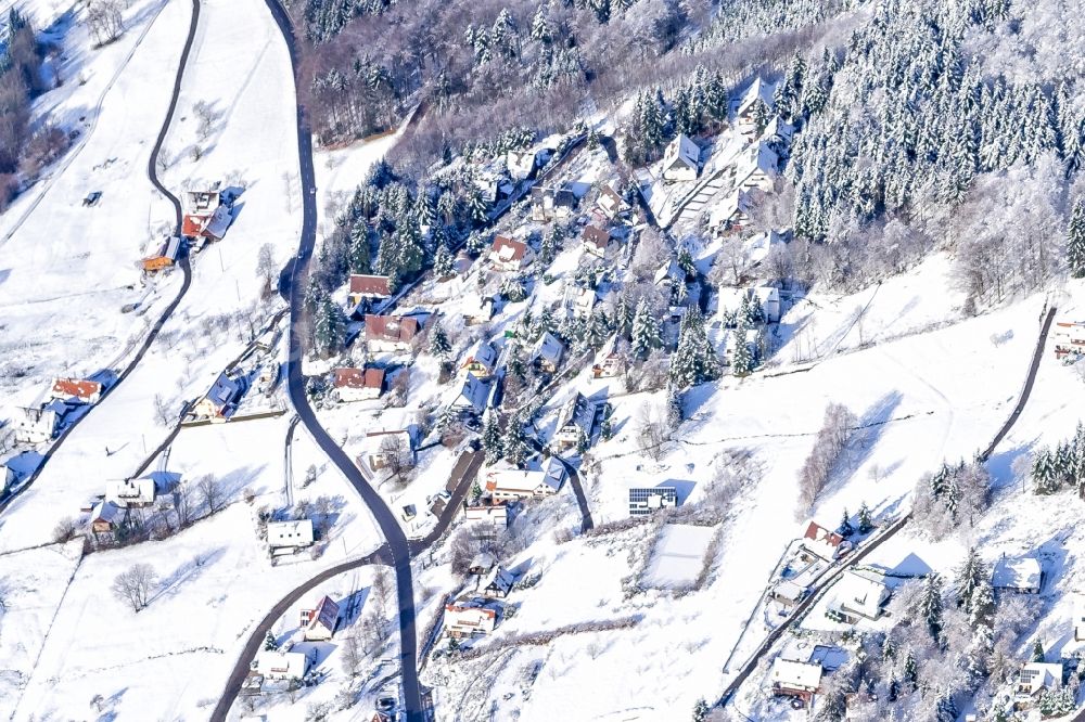 Aerial image Sasbachwalden - Wintry snowy the district in Sasbachwalden in the state Baden-Wurttemberg, Germany