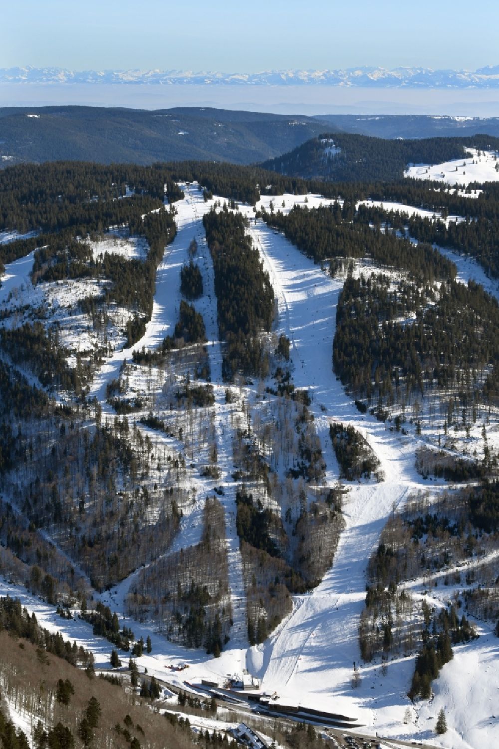 Aerial image Todtnau - Wintry snowy ski sports area with FIS Worldcup ski-run in the dirstrict Fahl in Todtnau in the state Baden-Wurttemberg, Germany