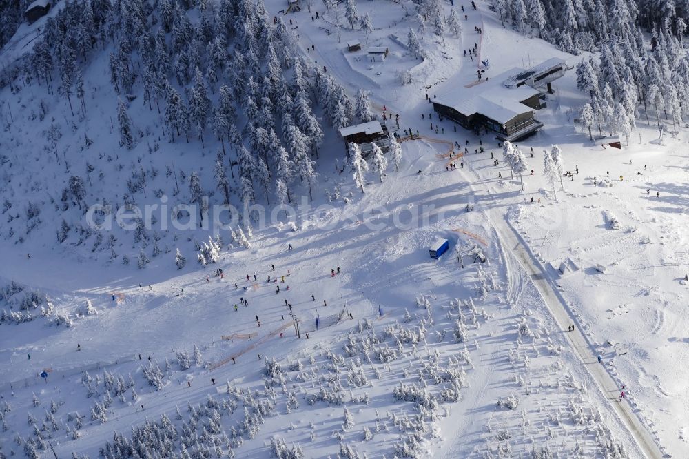 Aerial image Braunlage - Wintry snowy of ski resort Wurmberg in Braunlage in the state Lower Saxony, Germany