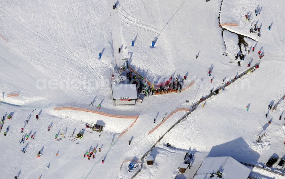 Aerial image Braunlage - Wintry snowy Ski Area Wurmberg in Braunlage in the state Lower Saxony, Germany