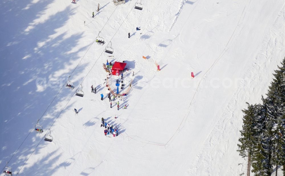 Aerial photograph Braunlage - Wintry snowy Ski Area Wurmberg in Braunlage in the state Lower Saxony, Germany