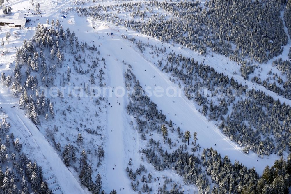 Aerial image Braunlage - Wintry snowy Ski Area Wurmberg in Braunlage in the state Lower Saxony, Germany