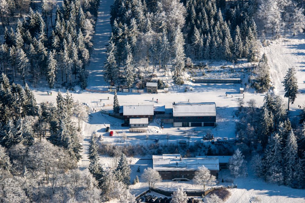 Aerial image Bärnau - Wintry snowy cross-country skiing area Silberhuette in Baernau in the state Bavaria, Germany