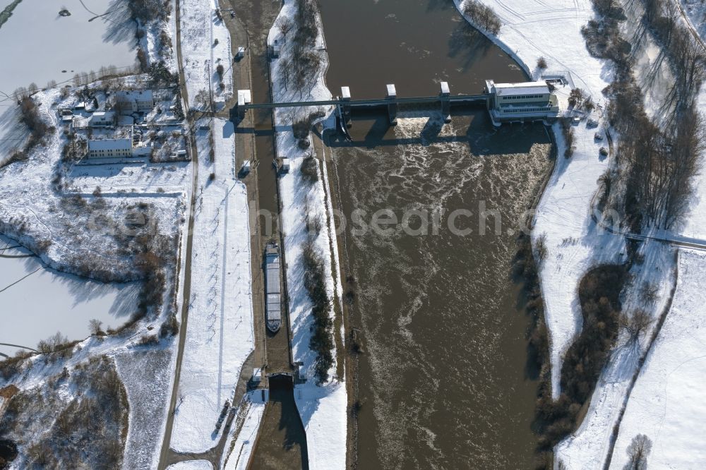 Dettelbach from above - Wintry snowy lockage of the am Main in Dettelbach in the state Bavaria