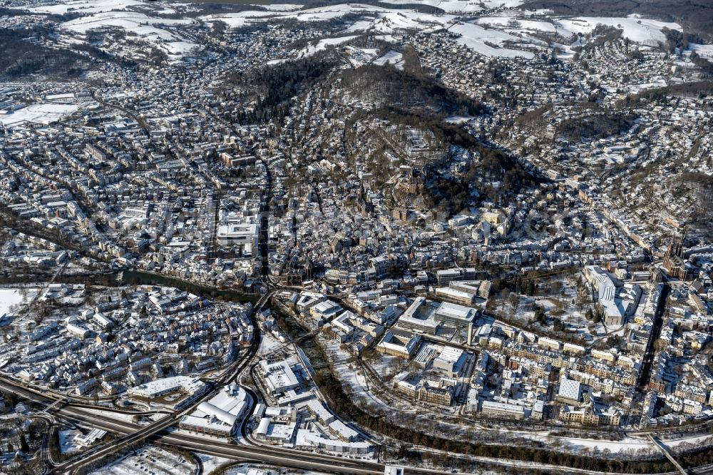 Aerial image Marburg - Wintry snowy city view of the city area of in Marburg in the state Hesse, Germany