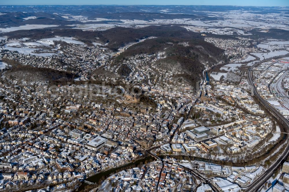 Marburg from above - Wintry snowy city view of the city area of in Marburg in the state Hesse, Germany