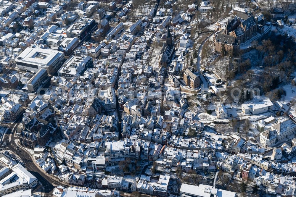 Aerial photograph Marburg - Wintry snowy city view of the city area of in Marburg in the state Hesse, Germany