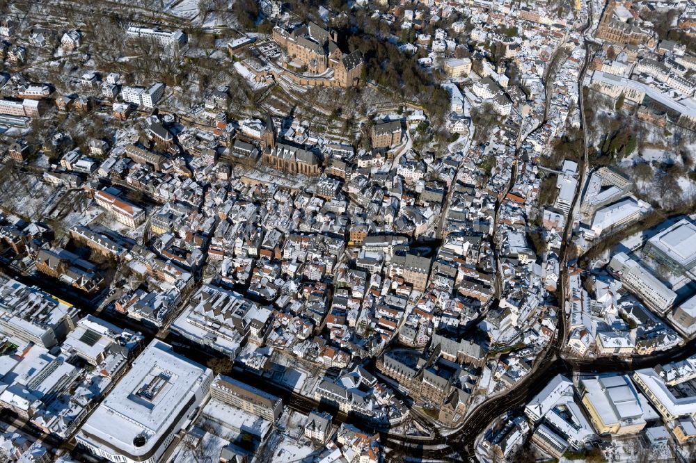 Marburg from above - Wintry snowy city view of the city area of in Marburg in the state Hesse, Germany
