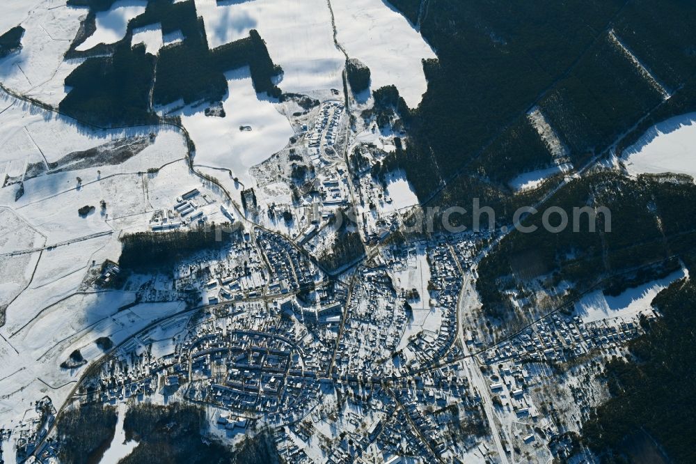 Aerial image Wesenberg - Wintry snowy city view on down town in Wesenberg in the state Mecklenburg - Western Pomerania, Germany