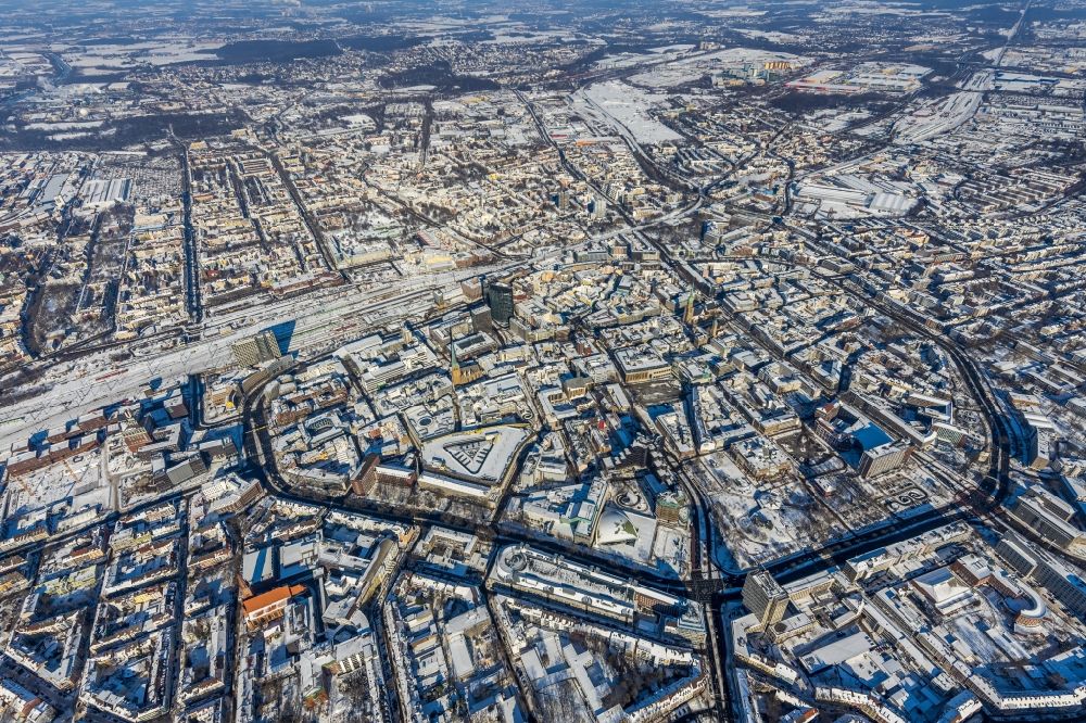Aerial image Dortmund - Wintry snowy the city center in the downtown area in Dortmund in the state North Rhine-Westphalia, Germany