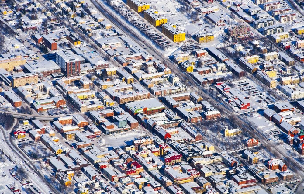 Aerial photograph Östersund - Wintry snowy The city center in the downtown area in Oestersund in Jaemtlands laen, Sweden