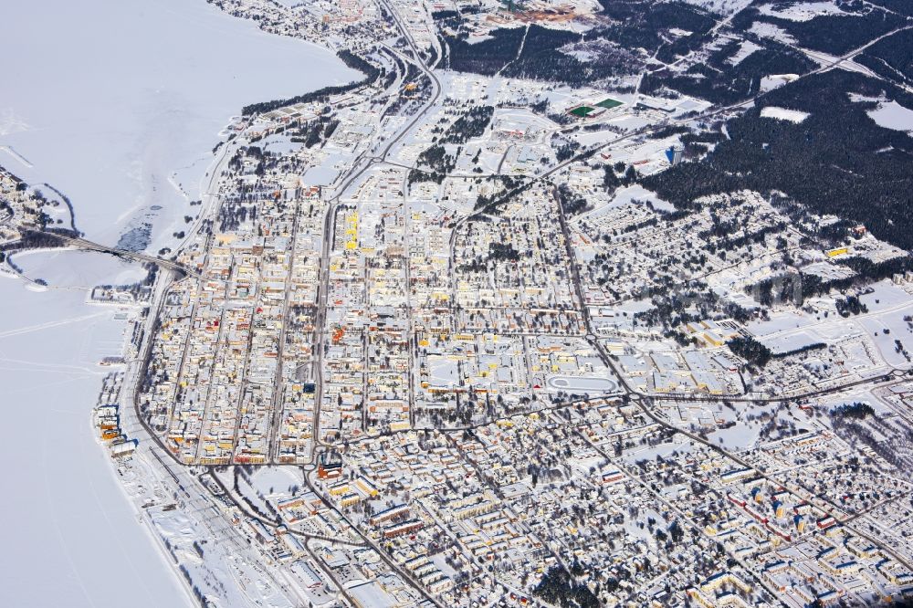 Aerial image Östersund - Wintry snowy The city center in the downtown area in Oestersund in Jaemtlands laen, Sweden