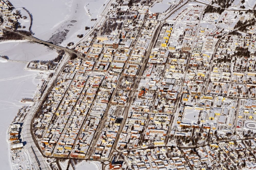 Aerial photograph Östersund - Wintry snowy The city center in the downtown area in Oestersund in Jaemtlands laen, Sweden