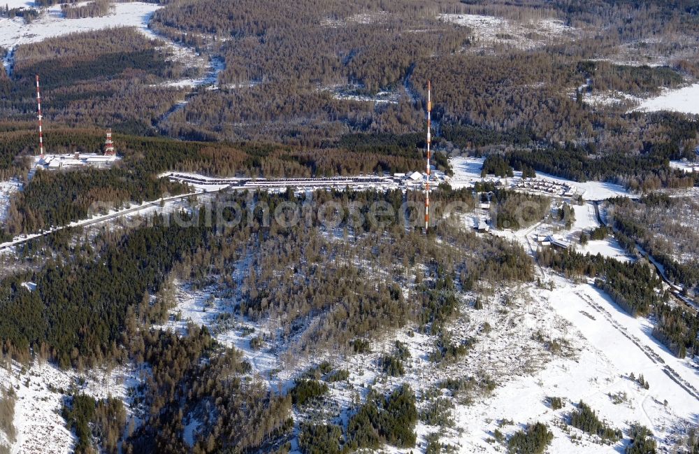 Torfhaus from above - Wintry snowy steel mast funkturm and transmission system as basic network transmitter Sender Torfhaus in Torfhaus in the state Lower Saxony, Germany