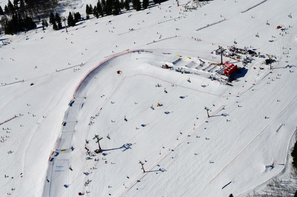 Aerial image Feldberg (Schwarzwald) - Wintry snowy landscape with the start area for the World Cup Ski Cross at the ski sports area Seebuck on the Feldberg mountain in Feldberg (Schwarzwald) in the state Baden-Wurttemberg, Germany
