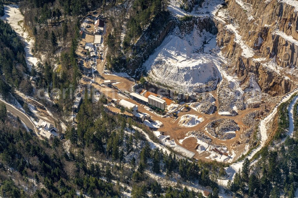 Aerial image Seebach - Wintry snowy quarry for the mining and handling of Granit in Seebach in the state Baden-Wurttemberg, Germany