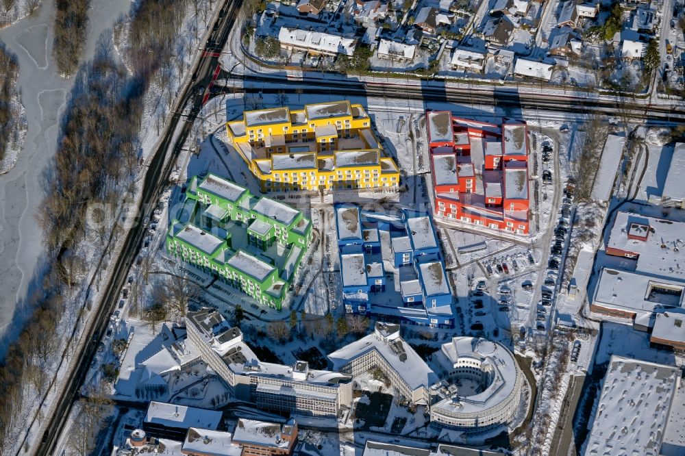 Münster from above - Wintry snowy student Residence - Building on Boeselagerstrasse in the district Aaseestadt in Muenster in the state North Rhine-Westphalia, Germany