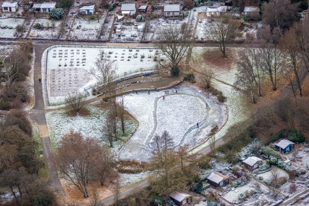 Dortmund from the bird's eye view: Wintry snowy pond water surface and pond oasis in a park on street Am Segen in Dortmund at Ruhrgebiet in the state North Rhine-Westphalia, Germany