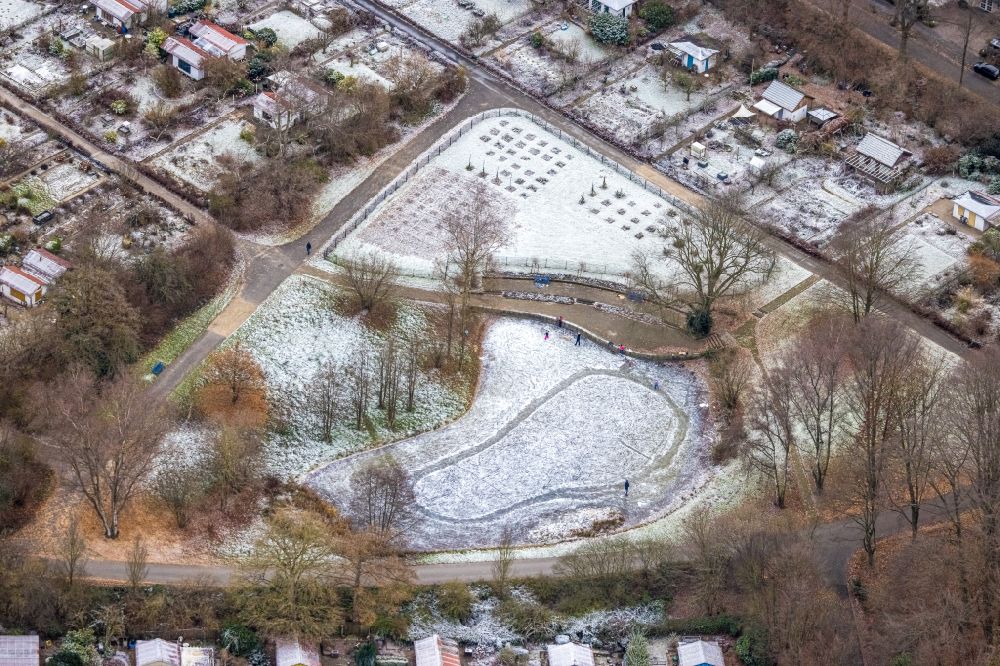 Aerial image Dortmund - Wintry snowy pond water surface and pond oasis in a park on street Am Segen in Dortmund at Ruhrgebiet in the state North Rhine-Westphalia, Germany