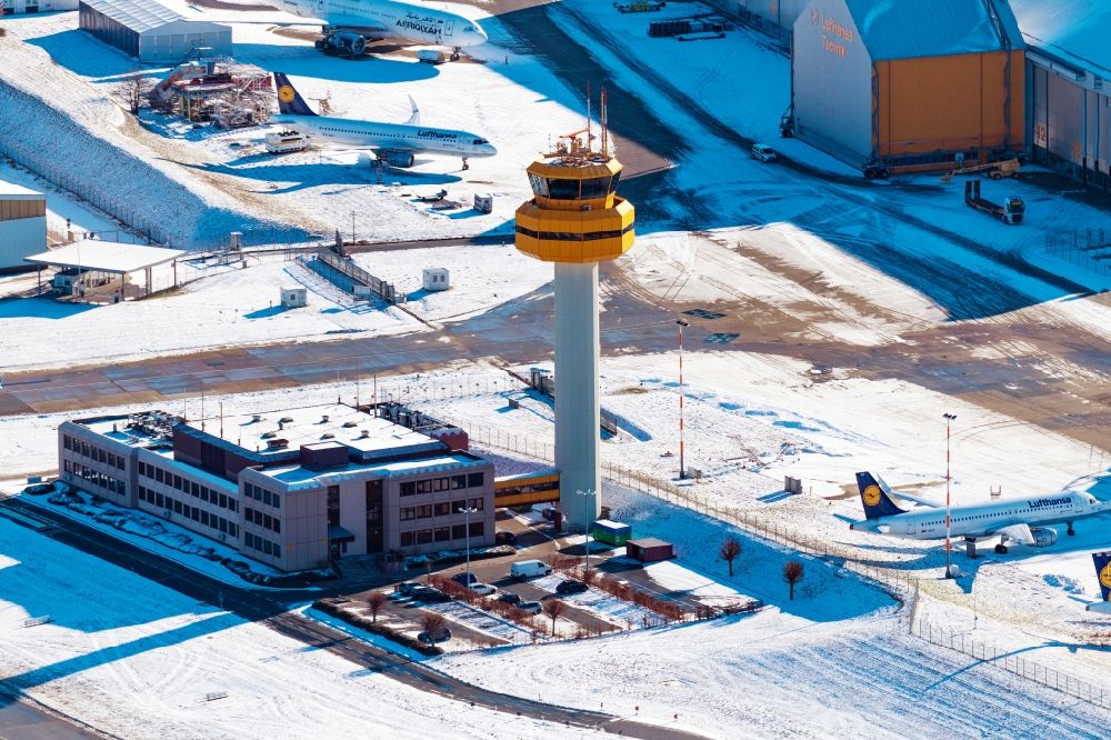 Hamburg from above - Wintry snowy air traffic control tower at the airport in the district Fuhlsbuettel in Hamburg, Germany