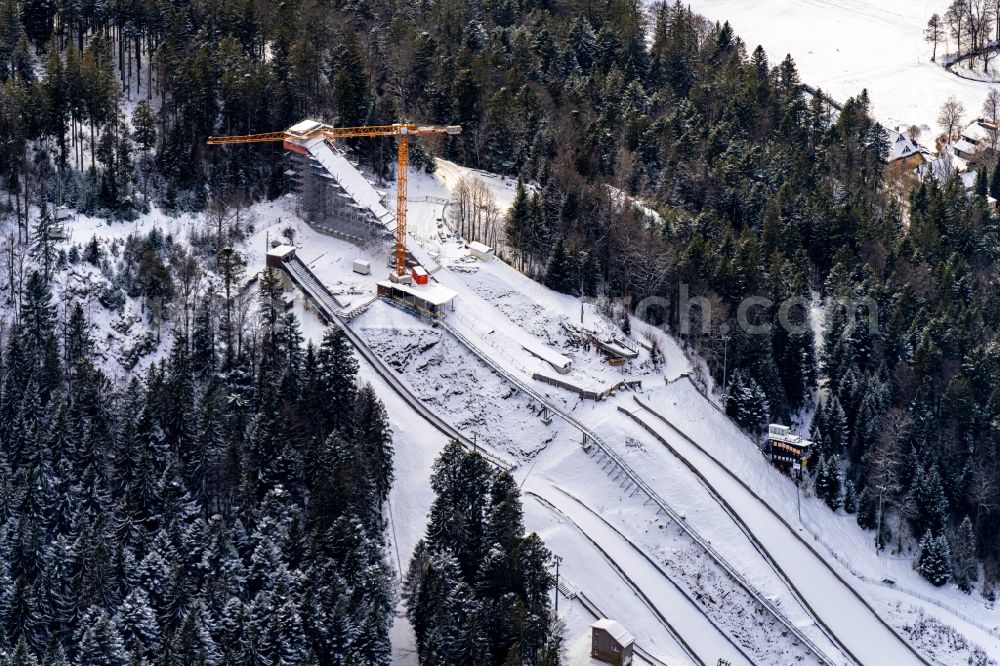 Aerial photograph Hinterzarten - Wintry snowy training and competitive sports center of the ski jump Adler Schanze in Hinterzarten in the state Baden-Wurttemberg, Germany