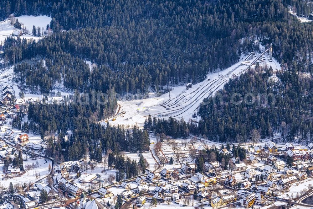 Aerial image Hinterzarten - Wintry snowy training and competitive sports center of the ski jump Adler Schanze in Hinterzarten in the state Baden-Wurttemberg, Germany