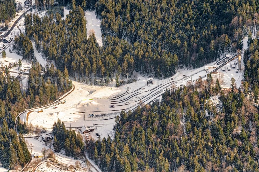 Hinterzarten from above - Wintry snowy training and competitive sports center of the ski jump Adler in Hinterzarten in the state Baden-Wurttemberg, Germany