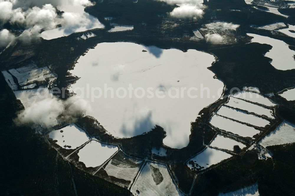 Rechlin from the bird's eye view: Wintry snowy riparian areas on the lake area of Woterfitzsee in a forest area in Rechlin in the state Mecklenburg - Western Pomerania, Germany