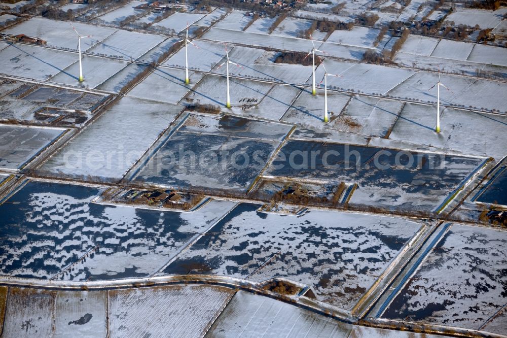 Aerial image Westoverledingen - Wintry snowy shore areas of the ponds for fish farming in Westoverledingen in the state Lower Saxony, Germany