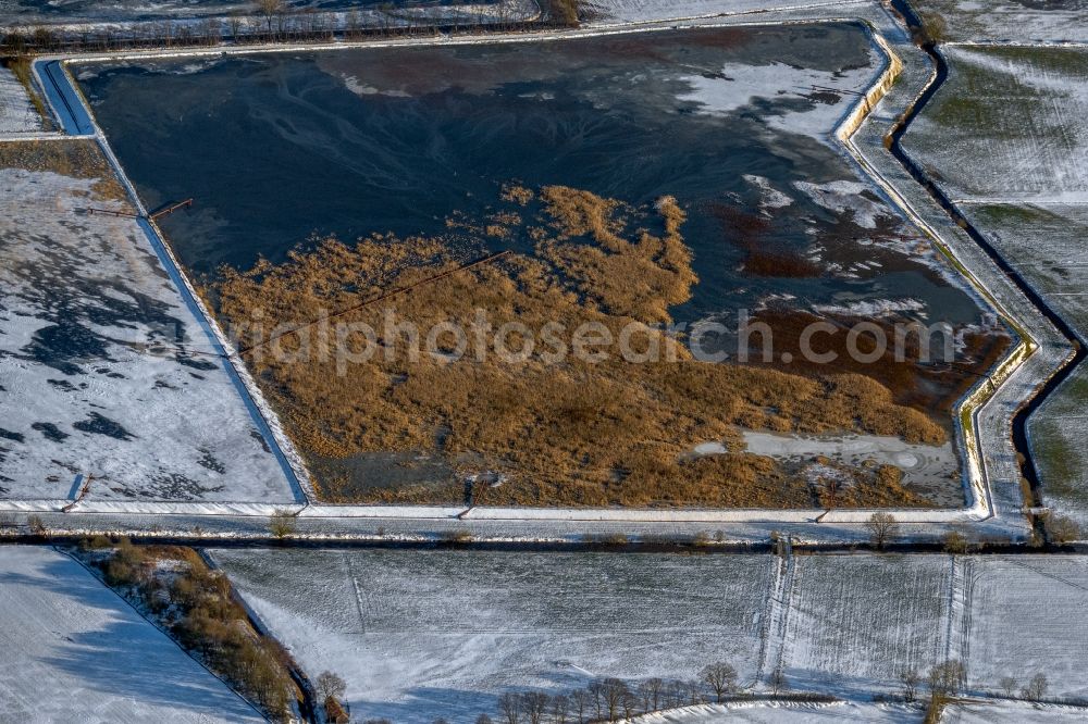 Westoverledingen from the bird's eye view: Wintry snowy shore areas of the ponds for fish farming in Westoverledingen in the state Lower Saxony, Germany