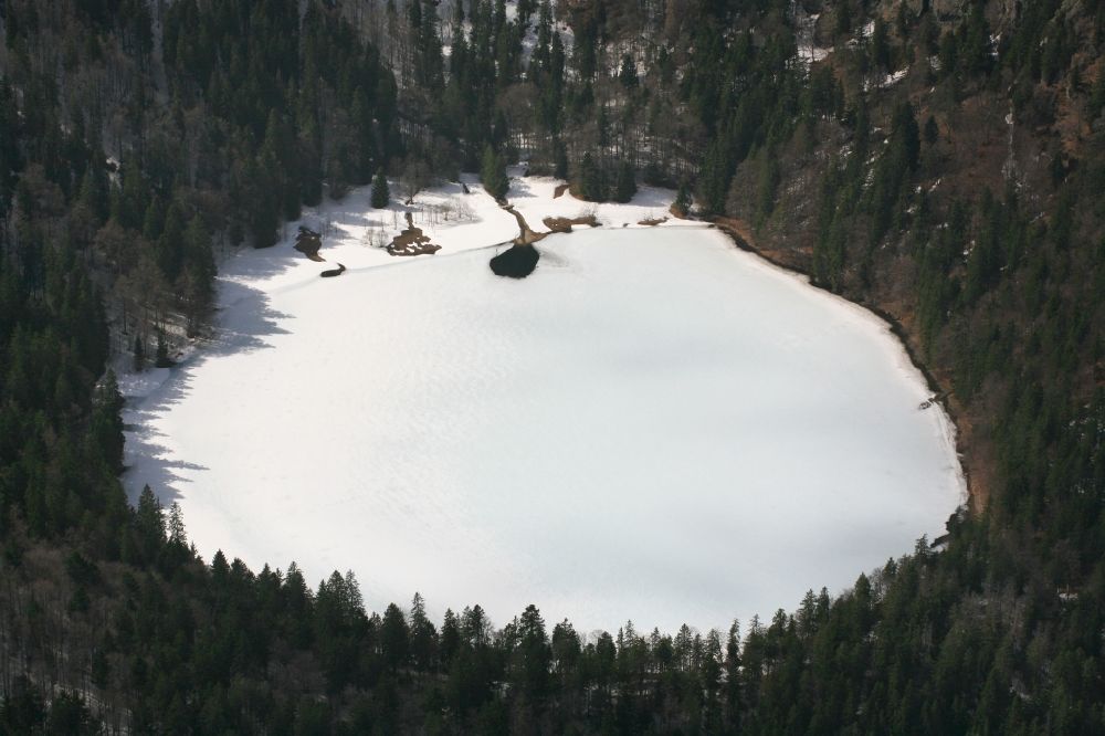 Hinterzarten from above - Wintry snowy and icy areas on the lake Feldsee in Feldberg (Schwarzwald) Black Forest in the state Baden-Wuerttemberg