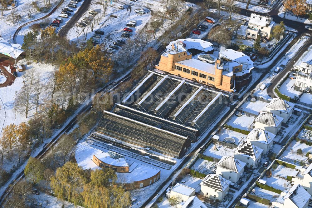 Aerial image Berlin - Wintry snowy administrative building of the State Authority Pflanzenschutzamt on street Mohriner Allee in Berlin, Germany