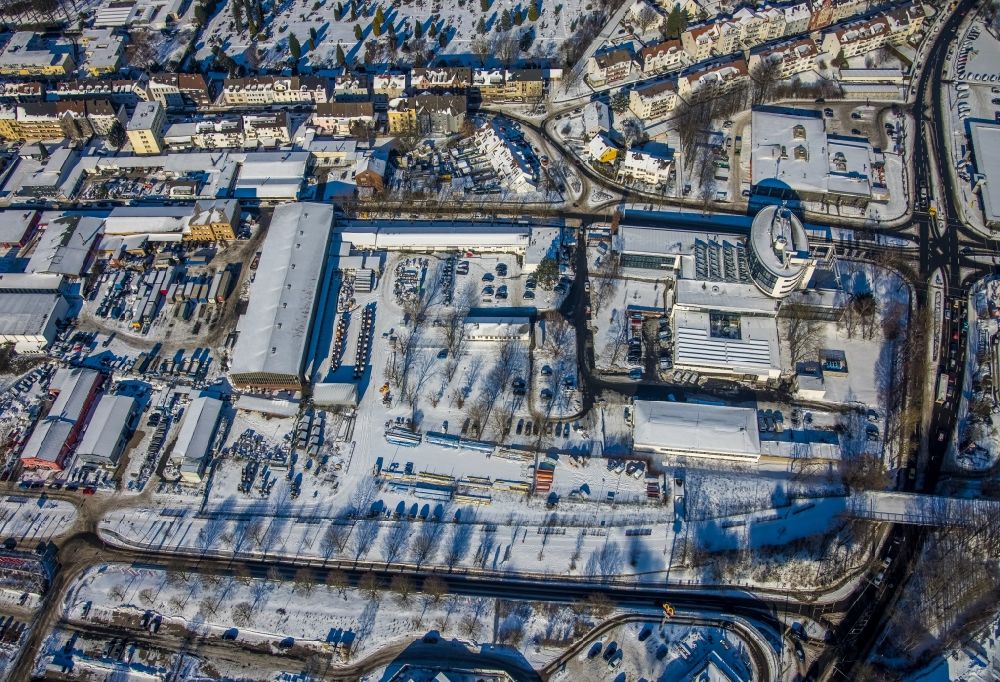 Aerial image Witten - Wintry snowy administration building of the company Stadtwerke Witten GmbH on Westfalenstrasse in Witten at Ruhrgebiet in the state North Rhine-Westphalia, Germany