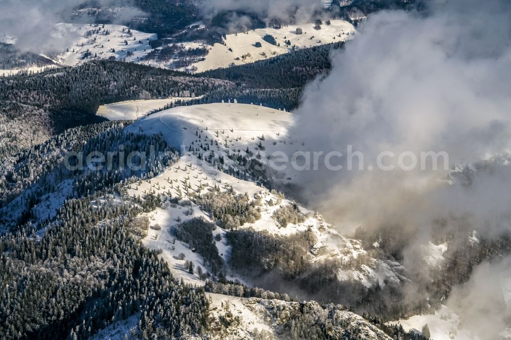 Aerial photograph Pfaffenberg - Wintry snowy forest and mountain scenery Belchen in Pfaffenberg in the state Baden-Wurttemberg, Germany