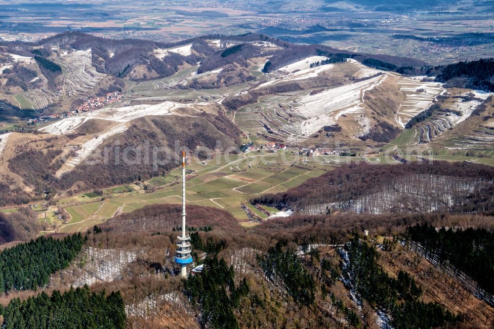 Aerial photograph Vogtsburg im Kaiserstuhl - Wintry snowy forest and mountain scenery on Kaiserstuhl in Vogtsburg im Kaiserstuhl in the state Baden-Wurttemberg, Germany