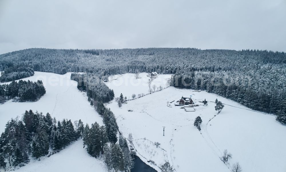 Sankt Georgen from the bird's eye view: Wintry snowy forest and mountain scenery in Sankt Georgen in the state Baden-Wuerttemberg, Germany