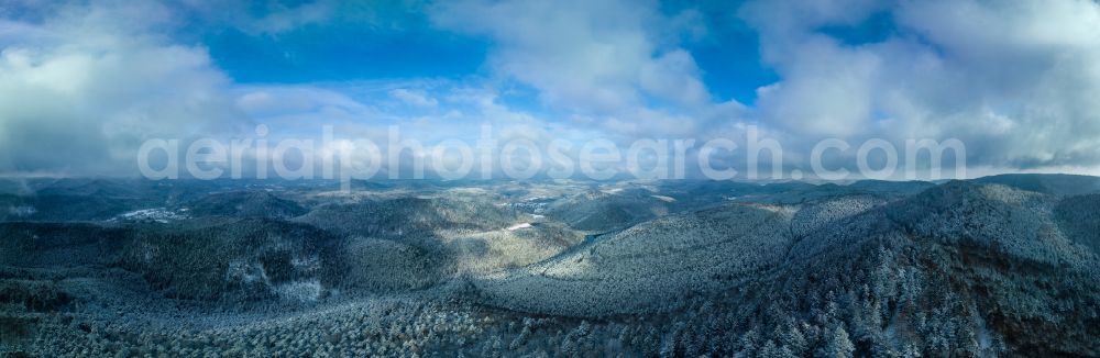 Bobenthal from the bird's eye view: Wintry snowy forest and mountain scenery of Wasgaus in Bobenthal in the Palatinate Forest in the state Rhineland-Palatinate, Germany