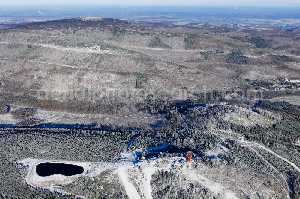Aerial photograph Braunlage - Wintry snowy forest and mountain scenery at Wurmberg in Braunlage in the state Lower Saxony, Germany