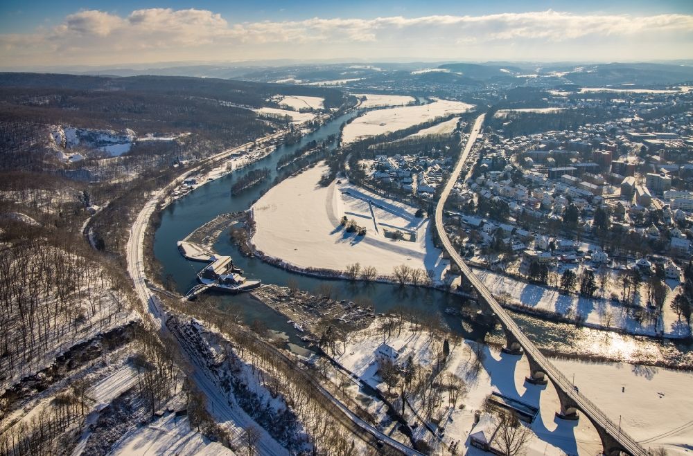 Witten from the bird's eye view: Wintry snowy structure and dams of the waterworks and hydroelectric power plant Hohenstein of innogy SE in Witten at Ruhrgebiet in the state North Rhine-Westphalia, Germany