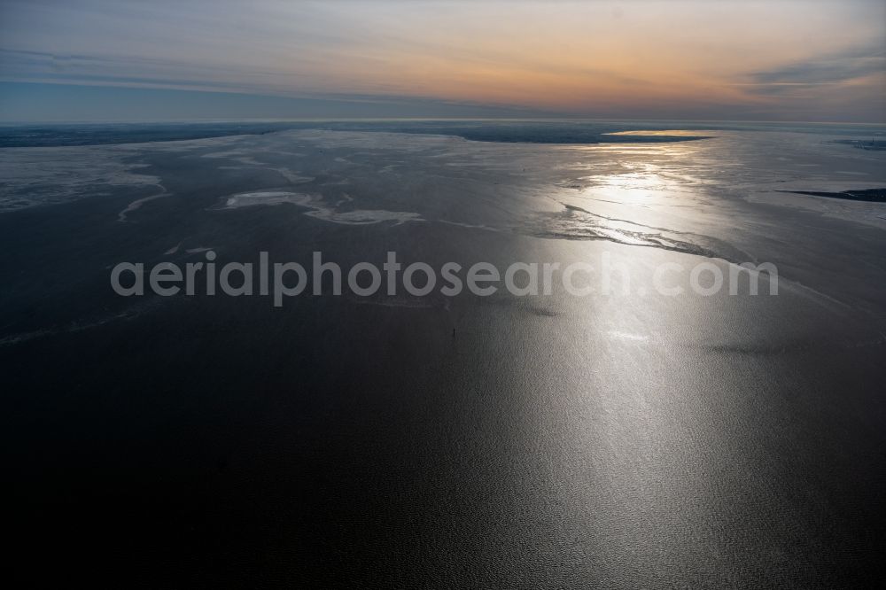Wurster Nordseeküste from above - Wintry snow-covered Wadden Sea of a??a??the North Sea coast at dusk in Wurster Nordseekueste in the state Lower Saxony, Germany