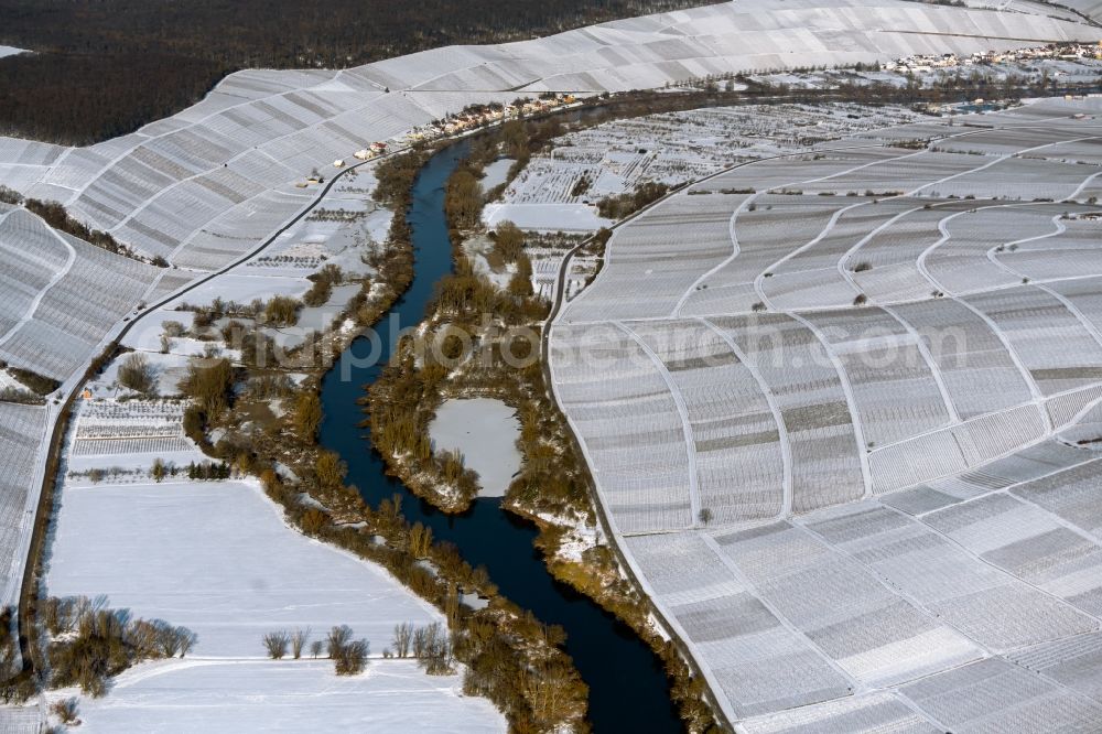 Aerial image Dettelbach - Wintry snowy fields of wine cultivation landscape in Dettelbach in the state Bavaria, Germany
