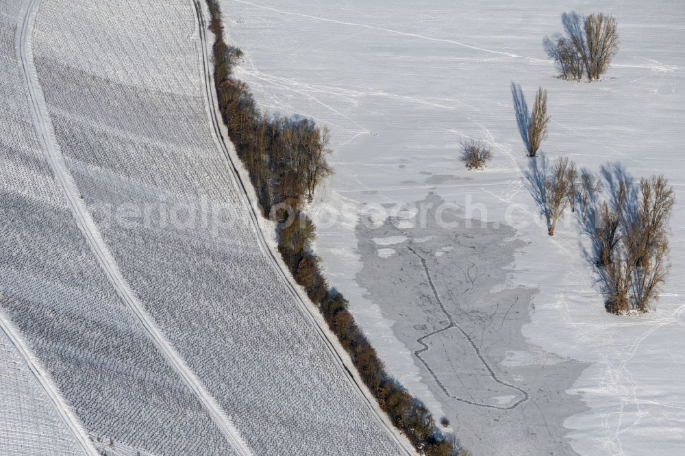 Aerial photograph Dettelbach - Wintry snowy fields of wine cultivation landscape in Dettelbach in the state Bavaria, Germany