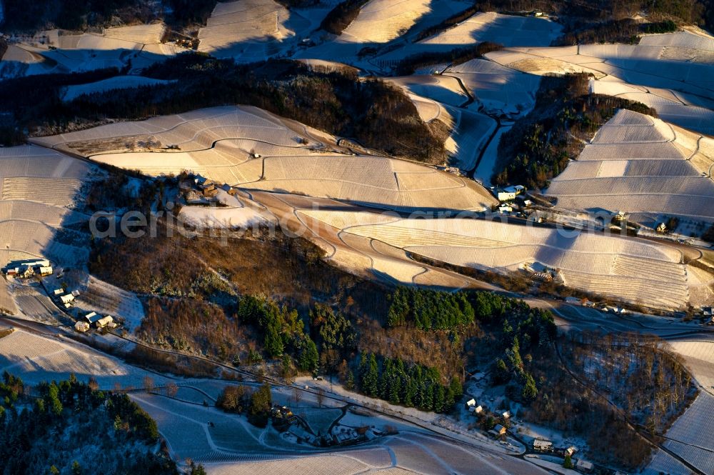 Durbach from the bird's eye view: Wintry snowy fields of wine cultivation landscape in Durbach in the state Baden-Wurttemberg, Germany