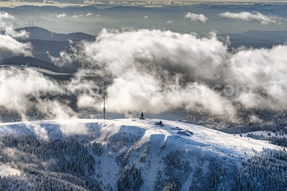 Aerial image Feldberg (Schwarzwald) - Wintry snowy weather conditions with cloud formation on Schwarzwald in Feldberg (Schwarzwald) in the state Baden-Wurttemberg, Germany