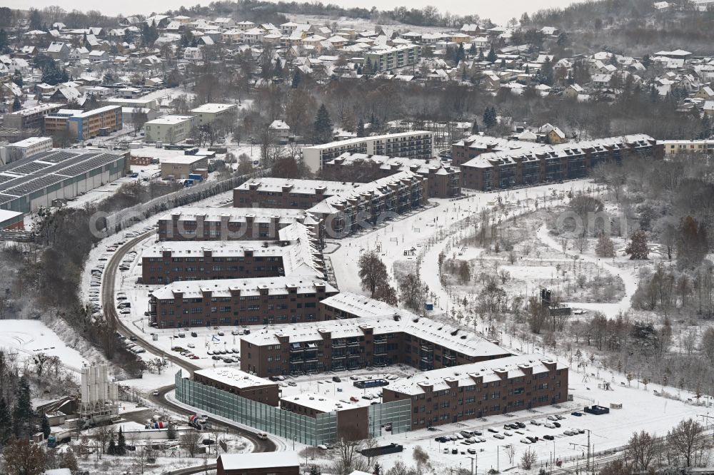 Aerial photograph Bernau - Wintry snowy housing estate of the building complex of the former military barracks Panke-Park - Pankebogen on street Am Panke-Park in Bernau in the state Brandenburg, Germany