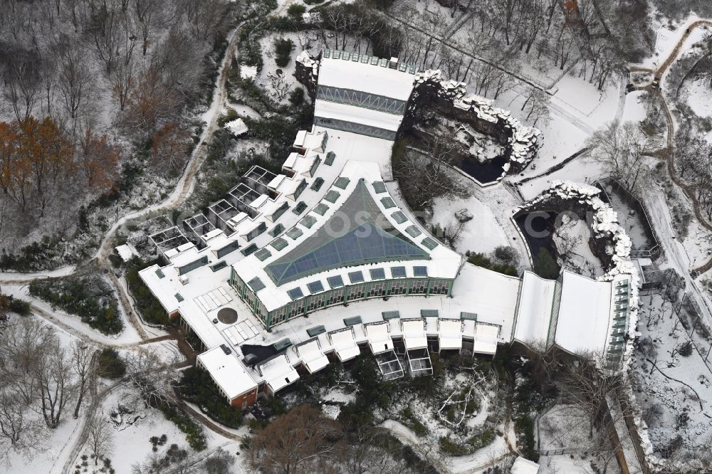 Aerial photograph Berlin - Wintry snowy zoo grounds at the Alfred Brehm House in Tierpark in the district of Friedrichsfelde in Berlin, Germany