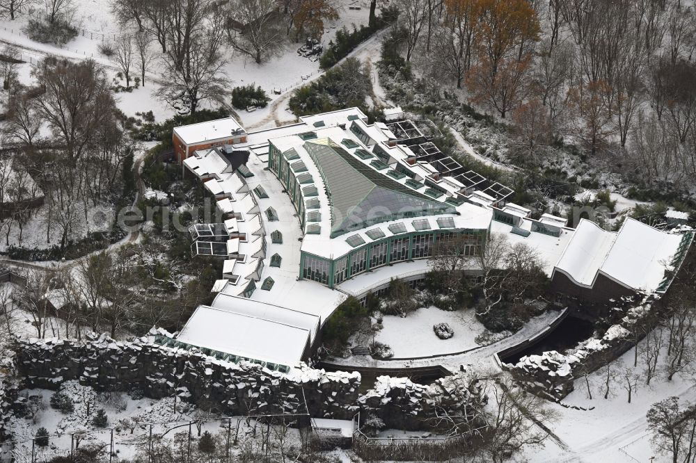 Berlin from above - Wintry snowy zoo grounds at the Alfred Brehm House in Tierpark in the district of Friedrichsfelde in Berlin, Germany