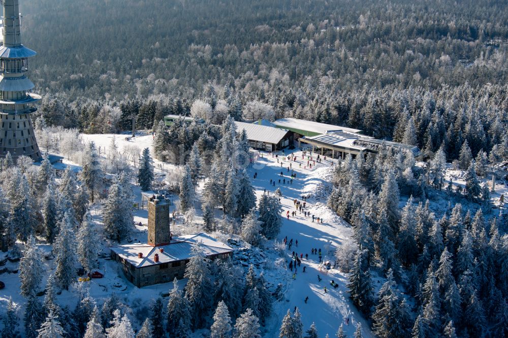 Aerial image Warmensteinacher Forst-Nord - Aisle and downhill slope in the winter sports ski areaOchsenkopf in Warmensteinacher Forst-Nord in the state Bavaria, Germany