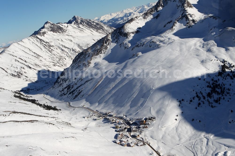 Silz Kühtai from above - Wintry landscape with snow covered Alps in Kuehtai in Silz in Tyrol, Austria